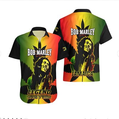 Tropical reggae-themed shirt, multicolor design with Jamaica motif, short sleeve, casual wear.