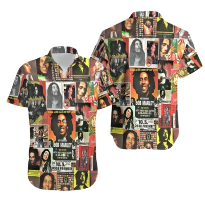 Colorful reggae-themed shirt with collage design, short sleeves, button-up style, perfect for casual wear.