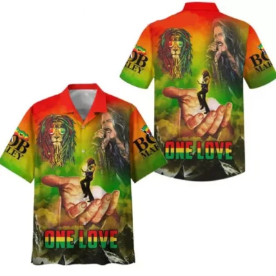 Colorful reggae-themed shirt with "One Love" text, featuring vivid graphics, ideal for casual wear and music events.