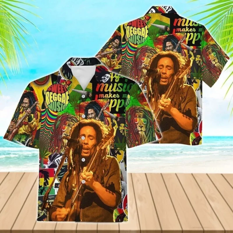 Colorful reggae-themed short-sleeve shirt with musical graphics, ideal for casual beachwear and summer festivals.