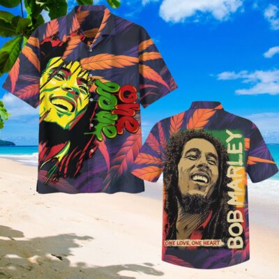 Colorful tropical beach shirt with vibrant leaf design, featuring reggae-inspired graphics, perfect for casual summer wear.