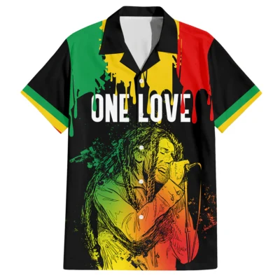 Reggae-themed shirt with vibrant red, green, and yellow colors, featuring "One Love" text and graphic design.