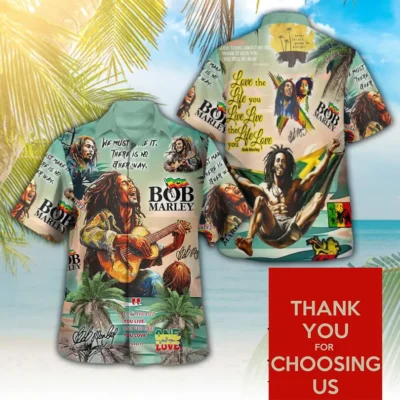 Colorful tropical-themed shirt with music-inspired graphics, perfect for casual beachwear. Made from lightweight material.
