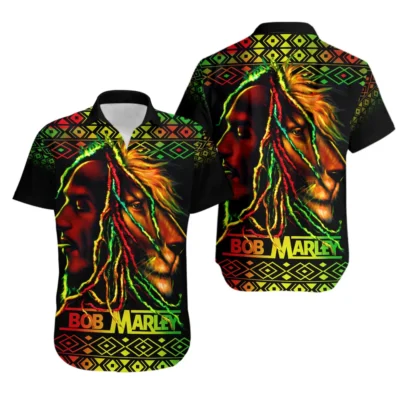 Colorful reggae-themed shirt with lion and abstract patterns, featuring vivid red, green, and yellow accents.