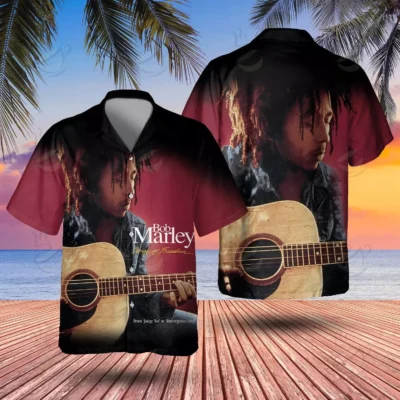 Red and black short-sleeve shirt featuring guitar design, perfect for casual wear and music lovers.