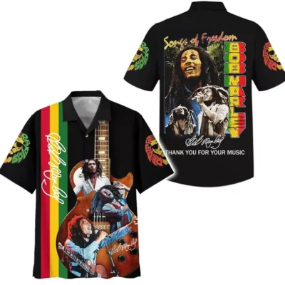 Reggae-themed black short-sleeve shirt with colorful graphics, featuring guitar and vibrant text design.