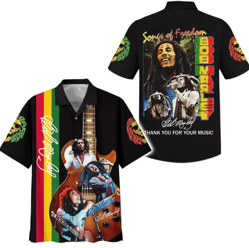 Reggae-themed black short-sleeve shirt with colorful graphics, featuring guitar and vibrant text design.