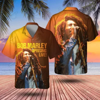 Brown reggae-themed short-sleeve shirt with vibrant concert print, ideal for casual wear and music fans.