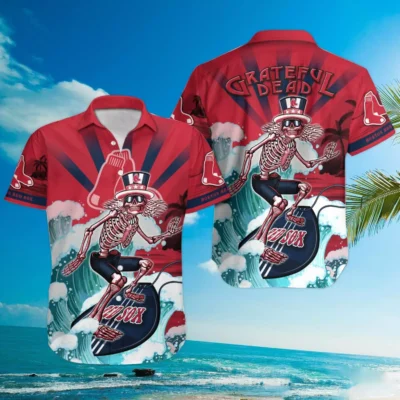 Red Grateful Dead surf-themed Hawaiian shirt, Boston Red Sox design, casual summer wear, vibrant and colorful.