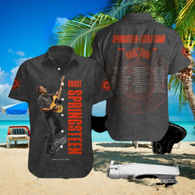 Black tour-themed shirt with bold red text, featuring a guitar design. Casual button-down style, perfect for music fans.
