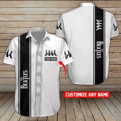 Customizable black and white button-up shirt with band logo design, featuring personalization option, casual wear.