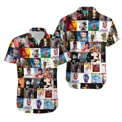 Colorful album collage short-sleeve shirt, casual style, lightweight fabric, perfect for music lovers and summer wear.