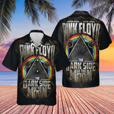 Black graphic Hawaiian shirt with rainbow design, featuring vintage-style text and abstract triangle pattern.