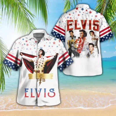 Patriotic star-spangled shirt with retro music theme, front and back view, perfect for casual summer wear.