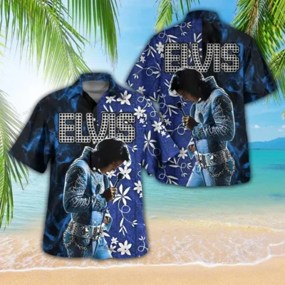 Blue floral Hawaiian shirt with iconic print, casual beachwear, short-sleeve, lightweight fabric, tropical style.