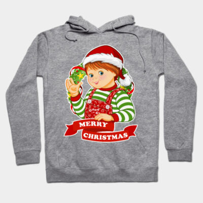 Gray Christmas hoodie with festive elf graphic, "Merry Christmas" text, and cozy design for holiday wear.