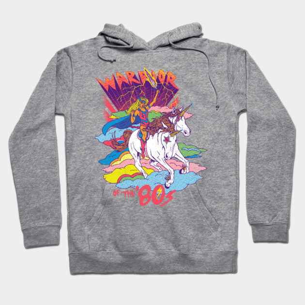 Gray hoodie with colorful 80s warrior and unicorn design, perfect for casual wear, made of soft cotton material.