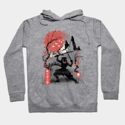 Gray hoodie with samurai warrior print, red moon background, cotton material, casual style, ideal for everyday wear.