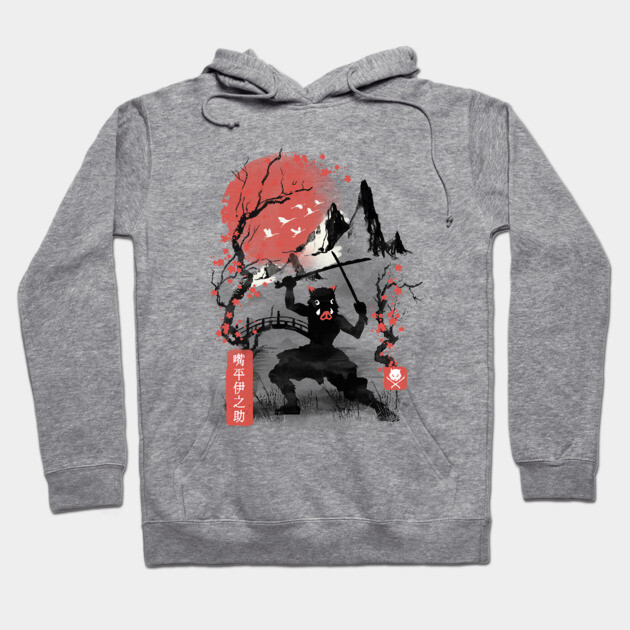 Gray hoodie with samurai warrior print, red moon background, cotton material, casual style, ideal for everyday wear.