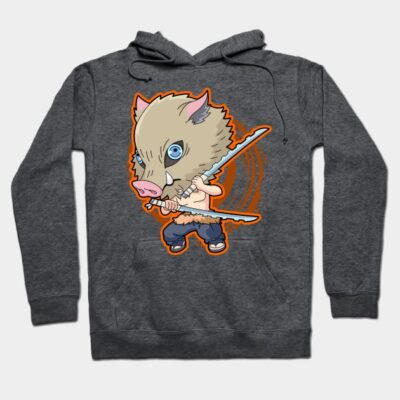 Dark gray hoodie featuring a cartoon boar warrior design, perfect for casual wear. Cozy cotton blend material.