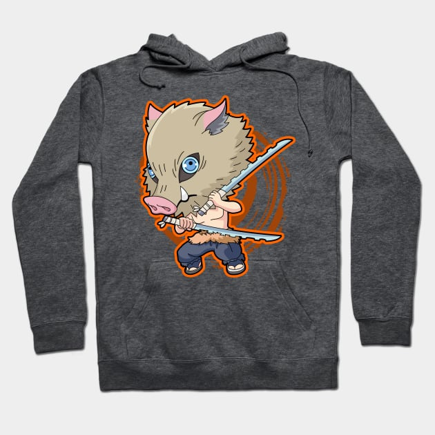 Dark gray hoodie featuring a cartoon boar warrior design, perfect for casual wear. Cozy cotton blend material.