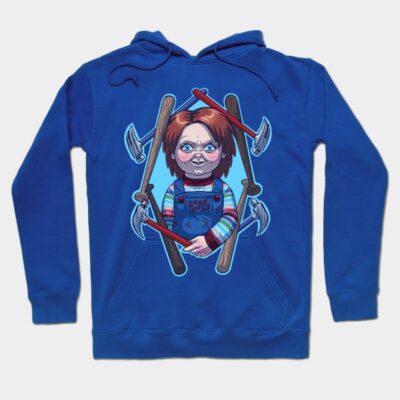 Blue graphic hoodie featuring cartoon character with tools, casual style, soft material, perfect for cozy wear.