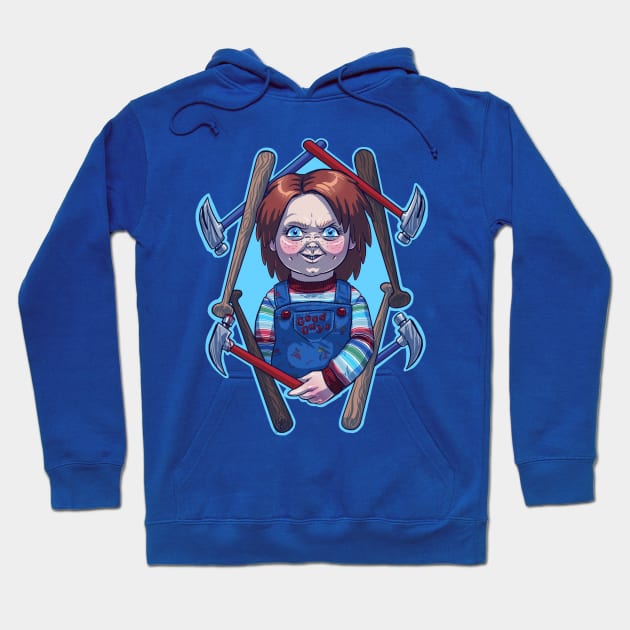 Blue graphic hoodie featuring cartoon character with tools, casual style, soft material, perfect for cozy wear.