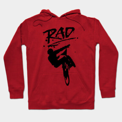 Red hoodie with black BMX graphic and "RAD" text, featuring drawstrings and front pocket. Casual and sporty style.