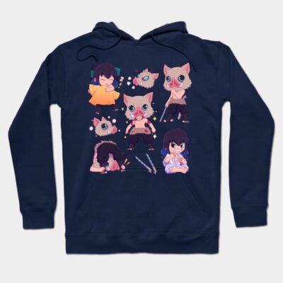 Navy blue hoodie with cute anime-style animal character print, casual wear, soft cotton material, unisex design.