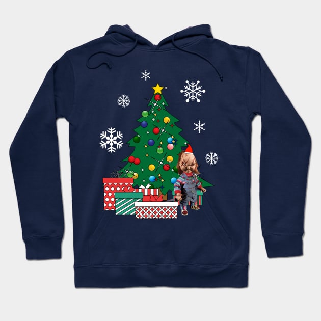 Navy blue Christmas hoodie with festive tree, snowflakes, and gifts design, perfect for holiday celebrations.