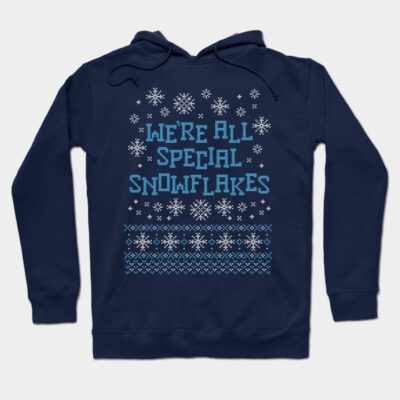Navy blue hoodie with snowflake pattern and "We're All Special Snowflakes" text, perfect for winter wear.