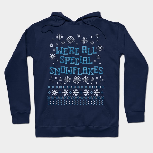 Navy blue hoodie with snowflake pattern and "We're All Special Snowflakes" text, perfect for winter wear.