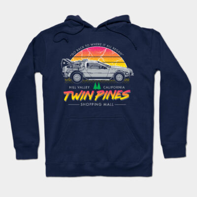 Navy blue hoodie with retro car graphic and "Twin Pines" text, ideal for casual wear, cotton blend material.