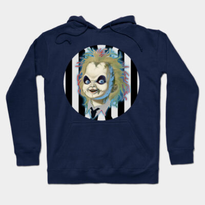 Navy blue hoodie with colorful cartoon character print, featuring black and white stripes, casual wear, cotton blend.