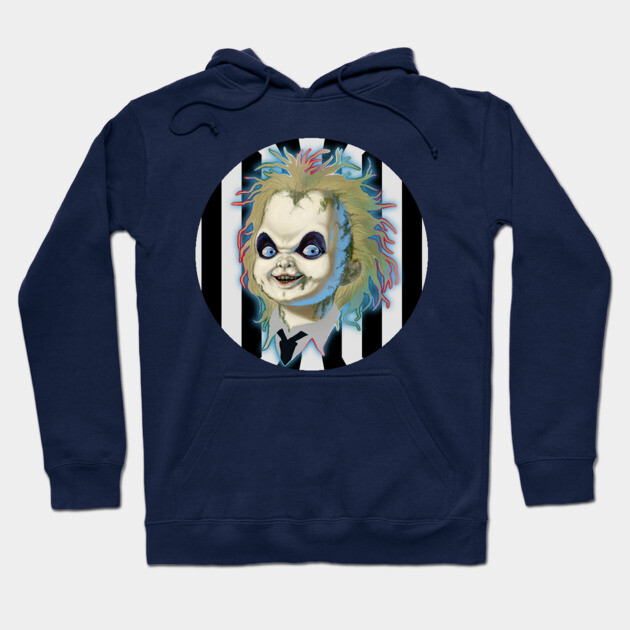 Navy blue hoodie with colorful cartoon character print, featuring black and white stripes, casual wear, cotton blend.