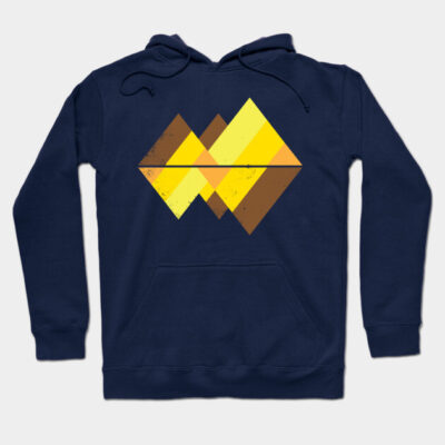 Navy blue hoodie with geometric yellow and brown design, casual style, cotton material, unisex fashion.