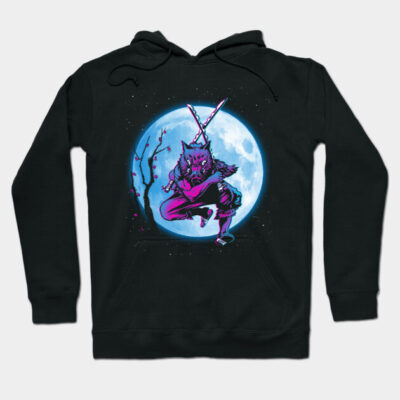Black hoodie with vibrant wolf ninja graphic in front of a moon, perfect for casual wear or street style.