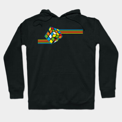 Black hoodie with colorful Rubik's Cube graphic and rainbow stripes, casual style, ideal for everyday wear.