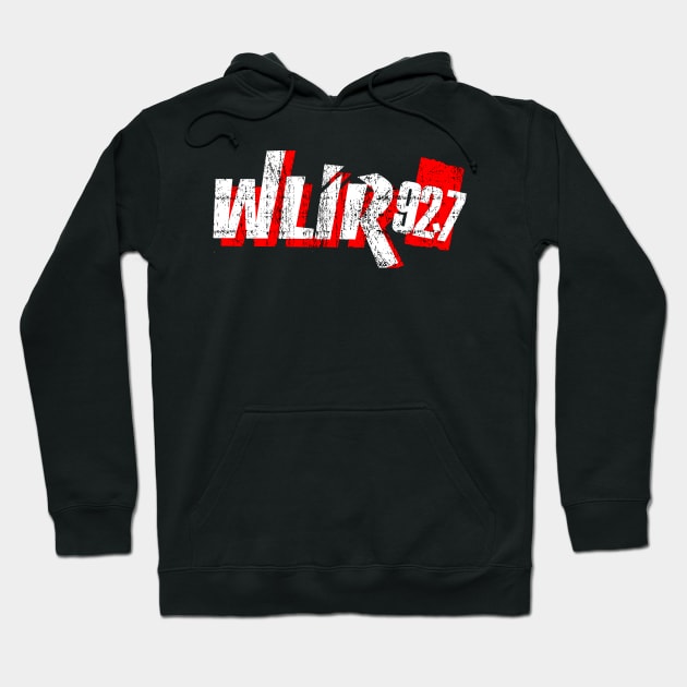 Black hoodie with "WLIR 92.7" white and red graphic print, casual style, cotton blend, unisex design.