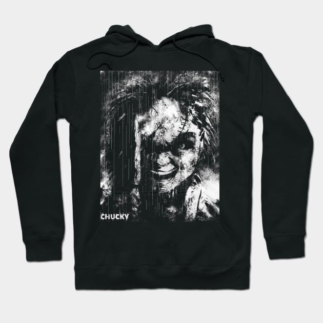 Black horror-themed hoodie with graphic design, perfect for casual wear, made from cotton blend material.