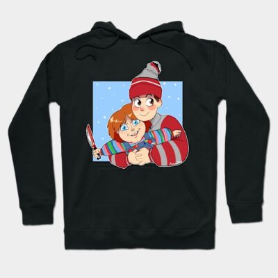 Black hoodie with cartoon graphic, featuring colorful winter design, perfect for casual wear and cozy comfort.