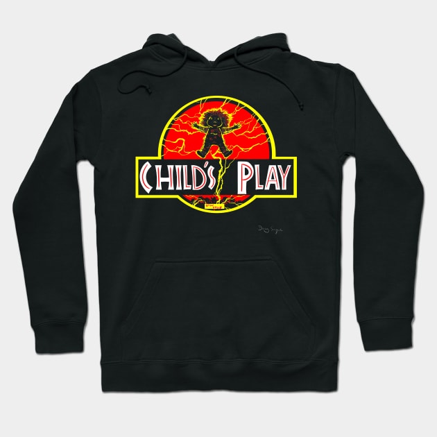 Black hoodie with "Child's Play" graphic, red and yellow design, comfortable cotton blend, casual wear, unisex style.
