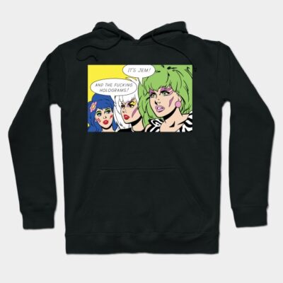 Black hoodie with colorful pop art design, featuring vibrant comic-style graphics, perfect for casual wear.