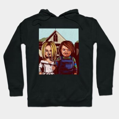 Black hoodie with horror-themed graphic print featuring cartoon characters, perfect for casual wear and Halloween events.