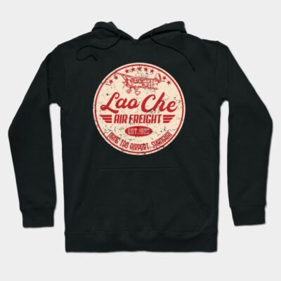 Black hoodie with vintage "Lao Che Air Freight" logo, casual style, cozy cotton blend, ideal for everyday wear.
