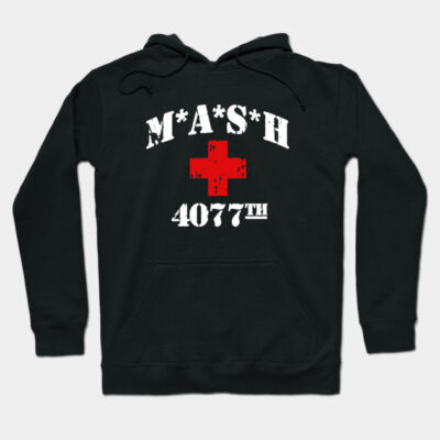 Black hoodie with M*A*S*H 4077 design, red cross graphic. Casual wear, cotton blend, unisex style.