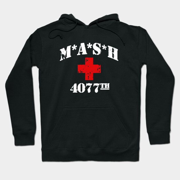 Black hoodie with M*A*S*H 4077 design, red cross graphic. Casual wear, cotton blend, unisex style.