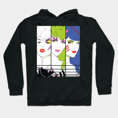 Black hoodie with colorful graphic print of cartoon faces, casual style, cotton material, unisex design.