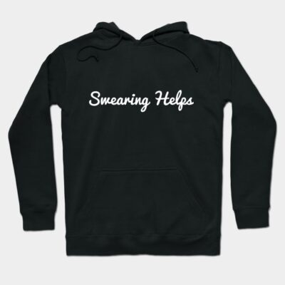 Black hoodie with "Swearing Helps" text, casual style, cotton material, perfect for everyday wear.