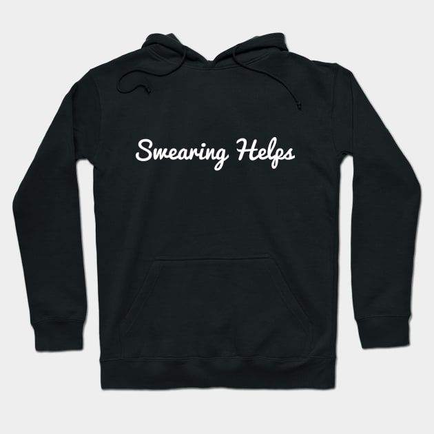 Black hoodie with "Swearing Helps" text, casual style, cotton material, perfect for everyday wear.